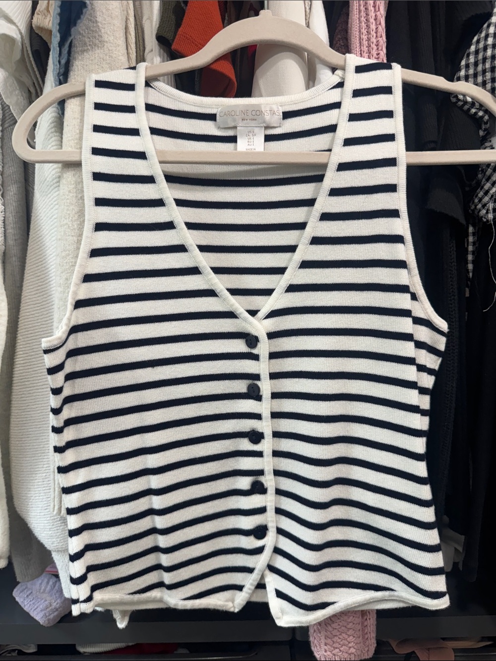 Caroline Constas Navy & White Striped V-Neck Button Tank